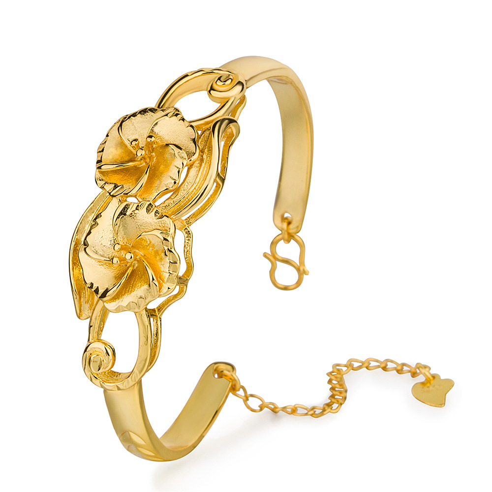 时尚流行镀金饰品黄铜手镯带延长链潮流新娘婚庆仿金花头手镯首饰