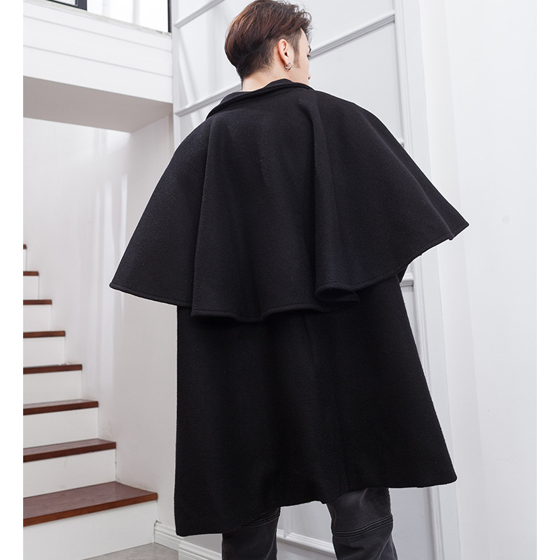 假2件无袖中长款宽松披肩斗篷披风式男冬季大衣外套上衣毛呢英伦