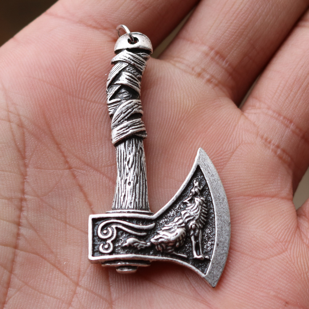 速卖通ebay维京海盗凯尔特狼乌鸦双面斧头吊坠男士项链潮流项饰