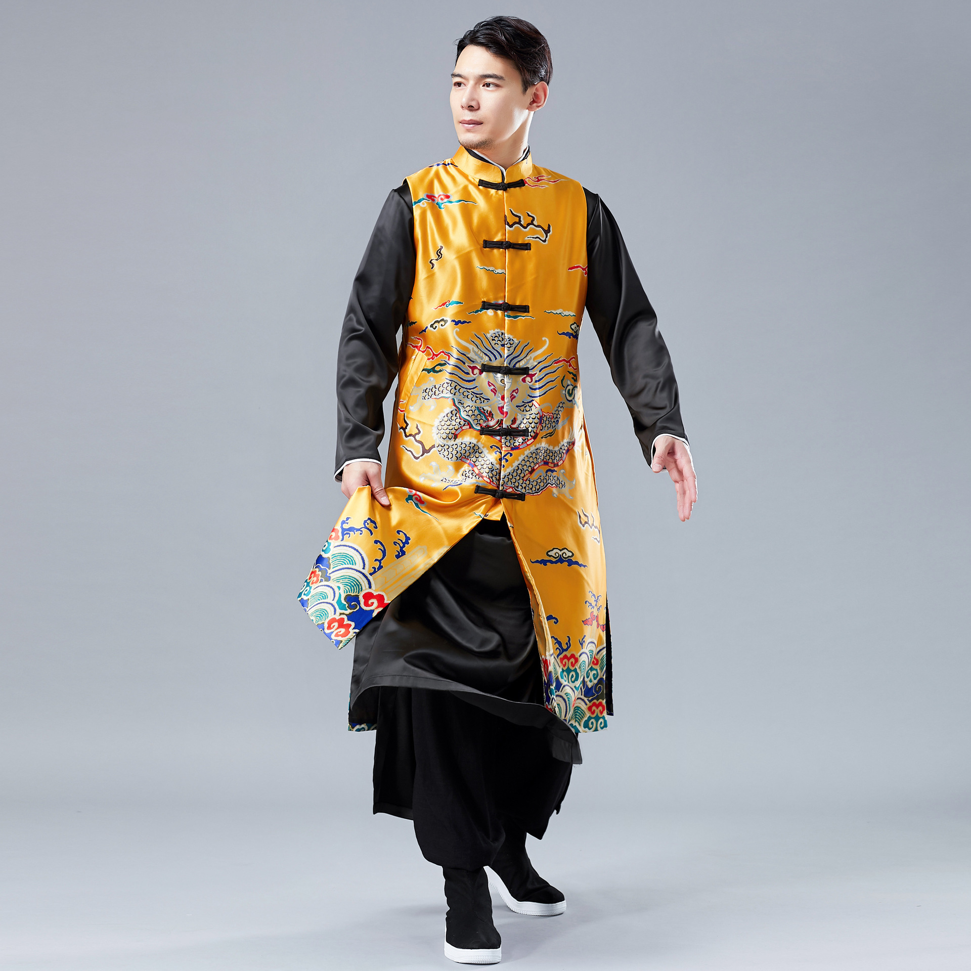 春季新款大龙长马褂唐装男中国长袍盘扣马褂坎肩男式休闲民族服装