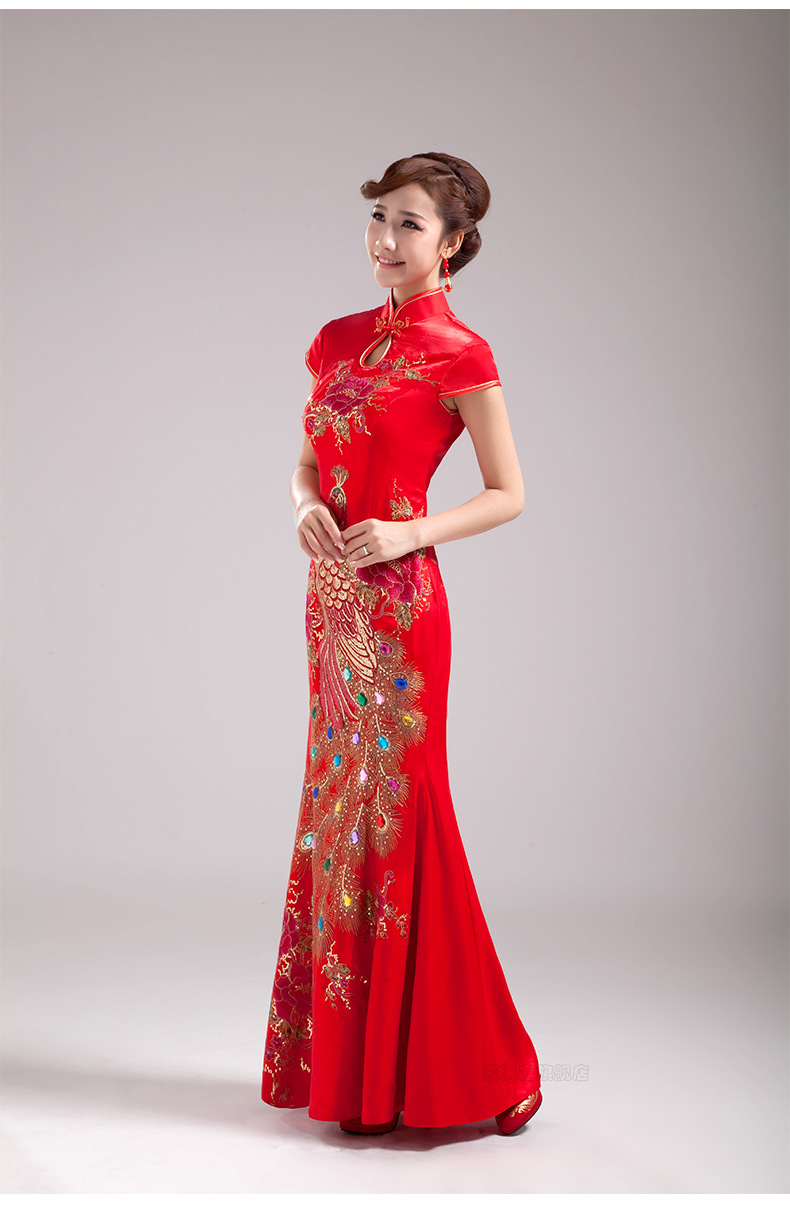 改良新款红色短袖旗袍2019冬季显瘦时尚大码走秀演出中国风礼服女