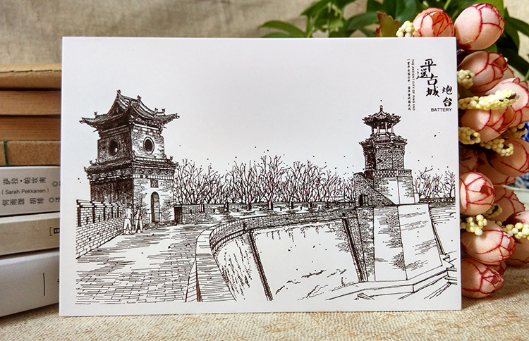 平遥古城手绘明信片 山西特色旅游风景卡片黑白画 10张入