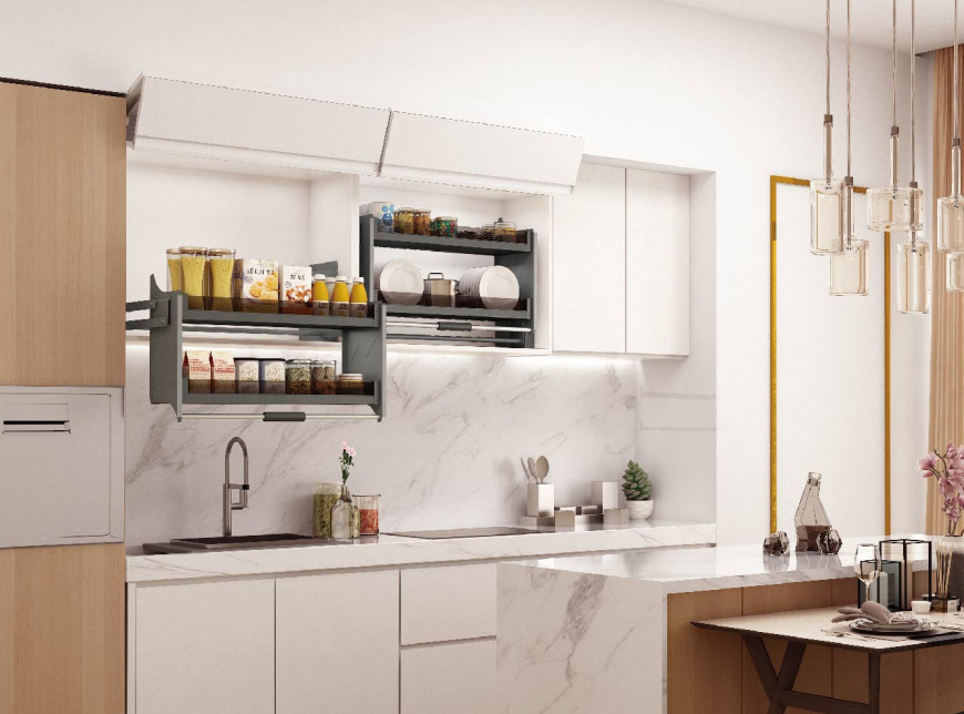 厨房吊柜铝合金黑晶钢化模块侧装双液压阻尼下拉式两层升降拉篮