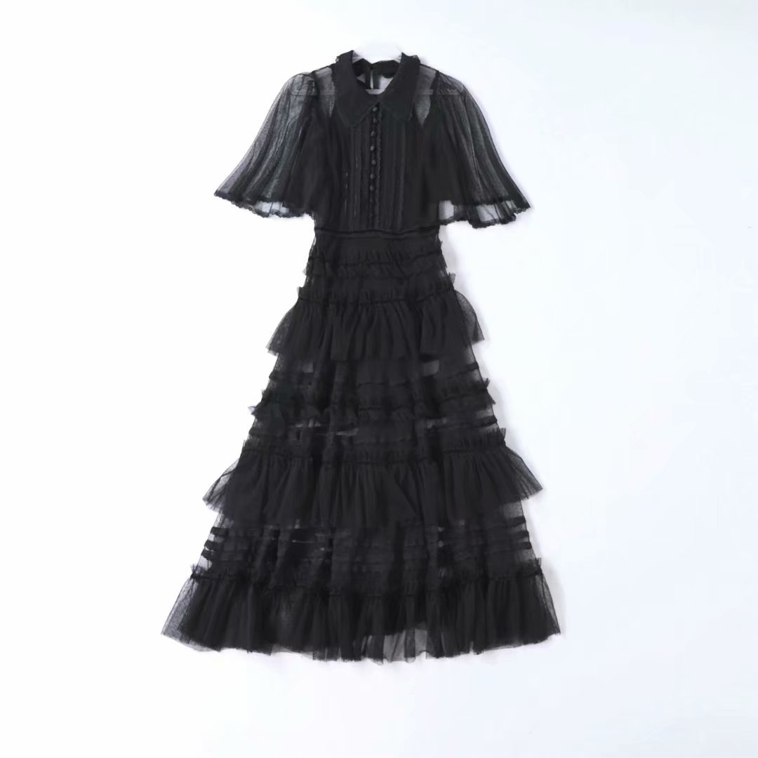 夏季黑色中长款娃娃领荷叶边喇叭袖蕾丝网纱层层蛋糕裙长裙连衣裙