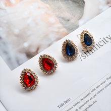 韩版气质时尚银针耳环红色蓝色二色玻璃宝石方形耳饰品耳钉224
