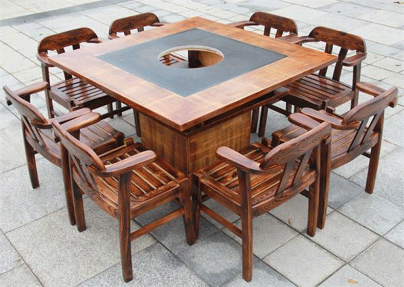 厂家直销订做蒸汽火锅桌大理石炭烧木餐桌餐椅火锅城酒店用餐饮用