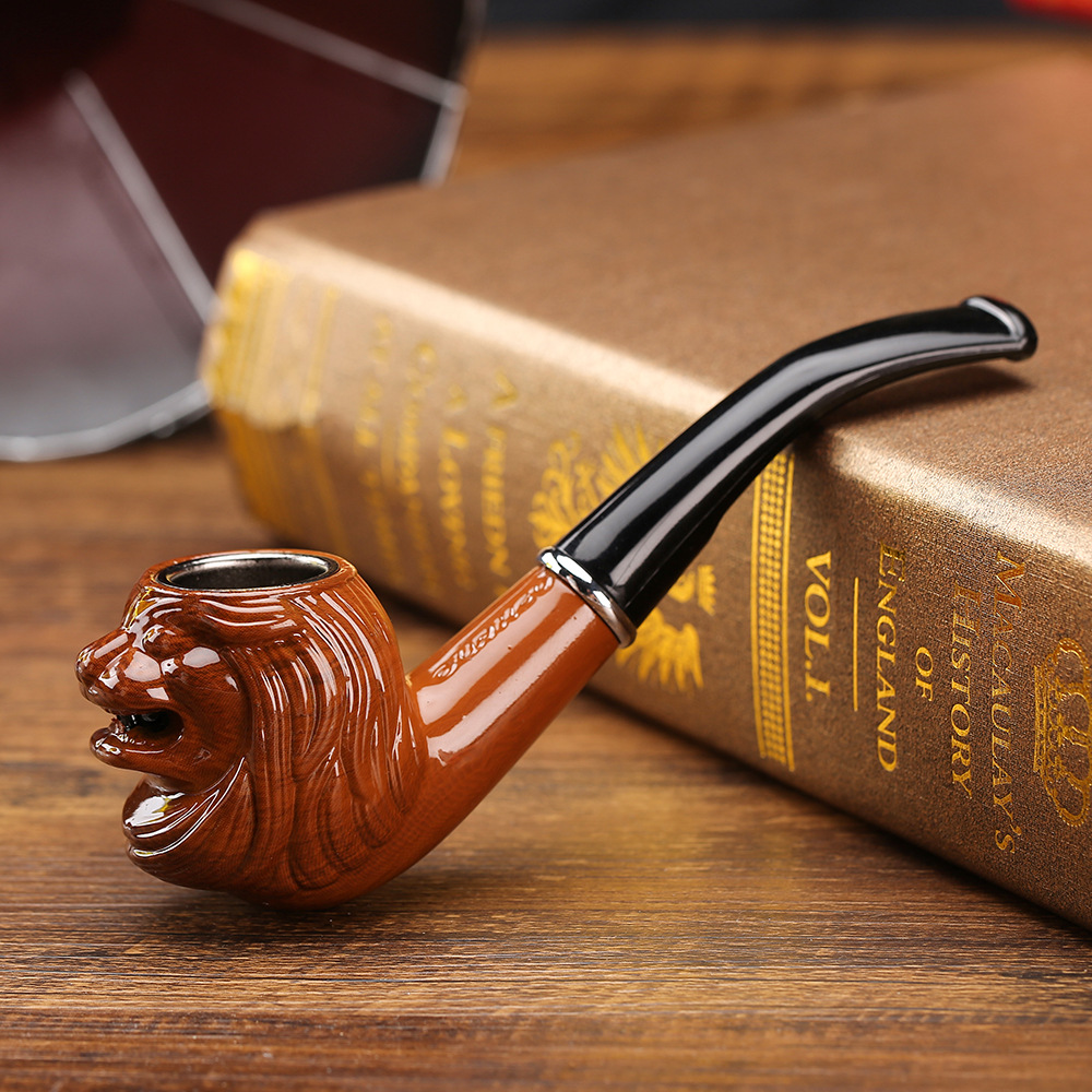 厂家批发亚克力弯柄树脂烟斗男 复古狮子头造型木质烟斗烟具pipe