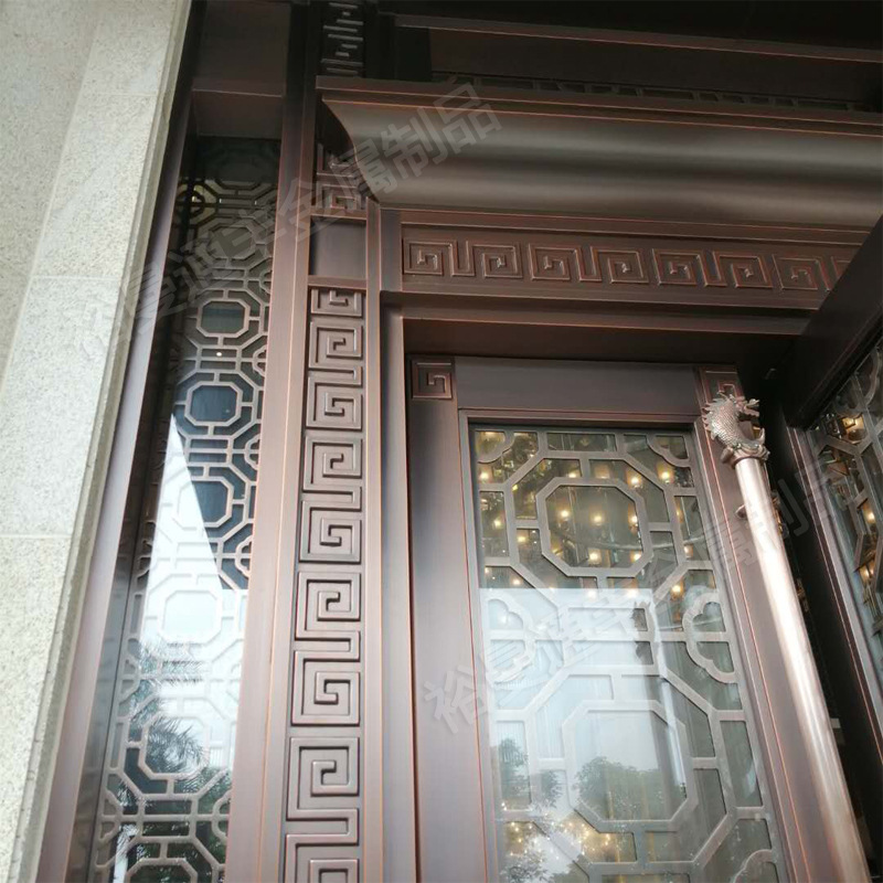 佛山厂家定做售楼处酒店中式装饰四开地弹簧玻璃不锈钢仿铜门大门