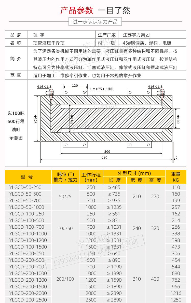 电动顶管机大吨位油缸分离式千斤顶200t320t500吨长行程同步宇力