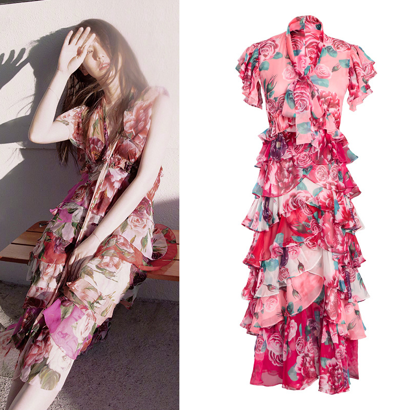 戚薇明星同款裙子夏2019夏季新款碎花印花高腰修身雪纺连衣裙红色