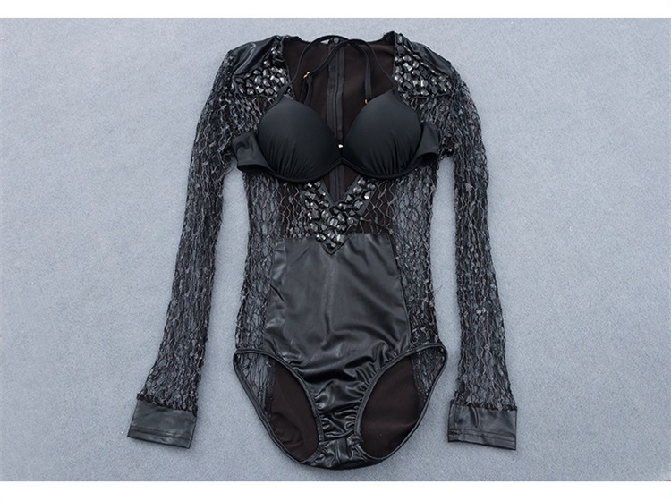 欧美名媛高端性感走秀款维多利亚长袖防晒镂空比基尼两件套泳衣女