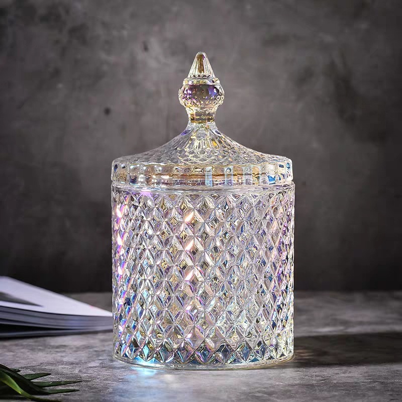 Color Glass Jar Storage Jar European Style Roman Snack Jar Wedding Jewelry Box with Lid Candy Dish Cotton Box Candle