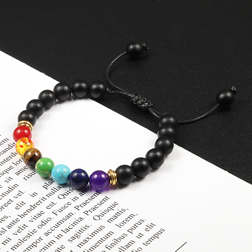 欧美七宝手链纯手工制作 创意七脉轮串珠珍珠手绳 紫风化编织链子