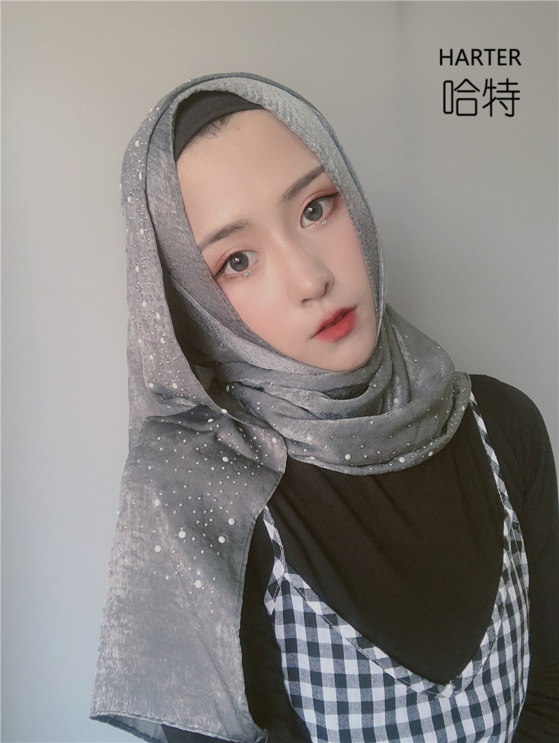 韩国绒面陶瓷瓷片烤瓷长巾迪拜旅游头巾 珍珠雪纺材质高档包头巾