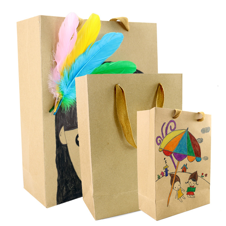手提牛皮纸袋儿童手工diy绘画涂鸦环保袋幼儿园益智玩具装饰袋子