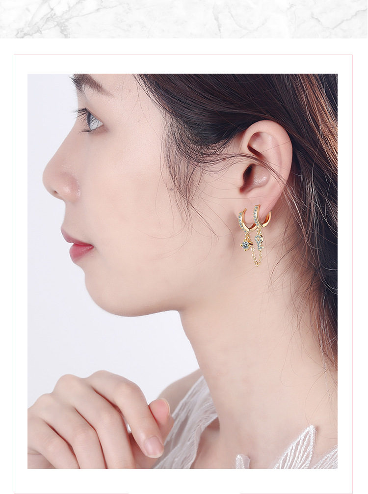 双耳洞耳圈连体耳环耳扣双一体式耳线女两个耳洞镶锆钻钥匙耳链