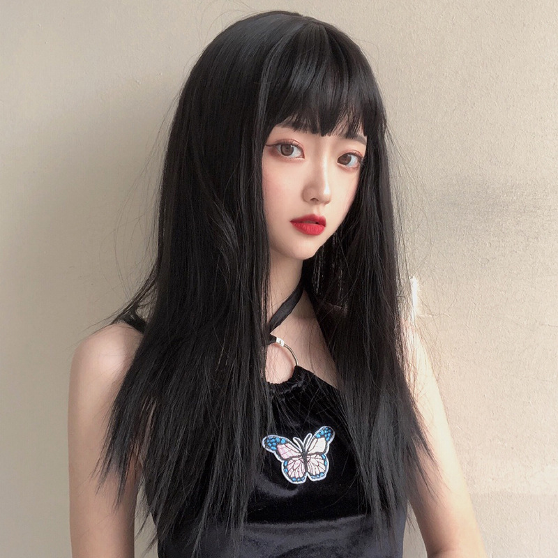 厂家批发假发女日系漫画刘海黑色长直发高温丝全头套现货一件代发