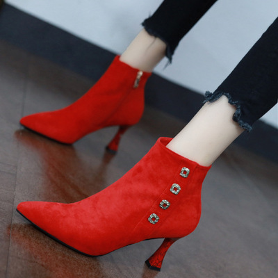 绒面尖头高跟红靴子女2019短筒优雅细跟超火韩版水钻短靴秋冬新款