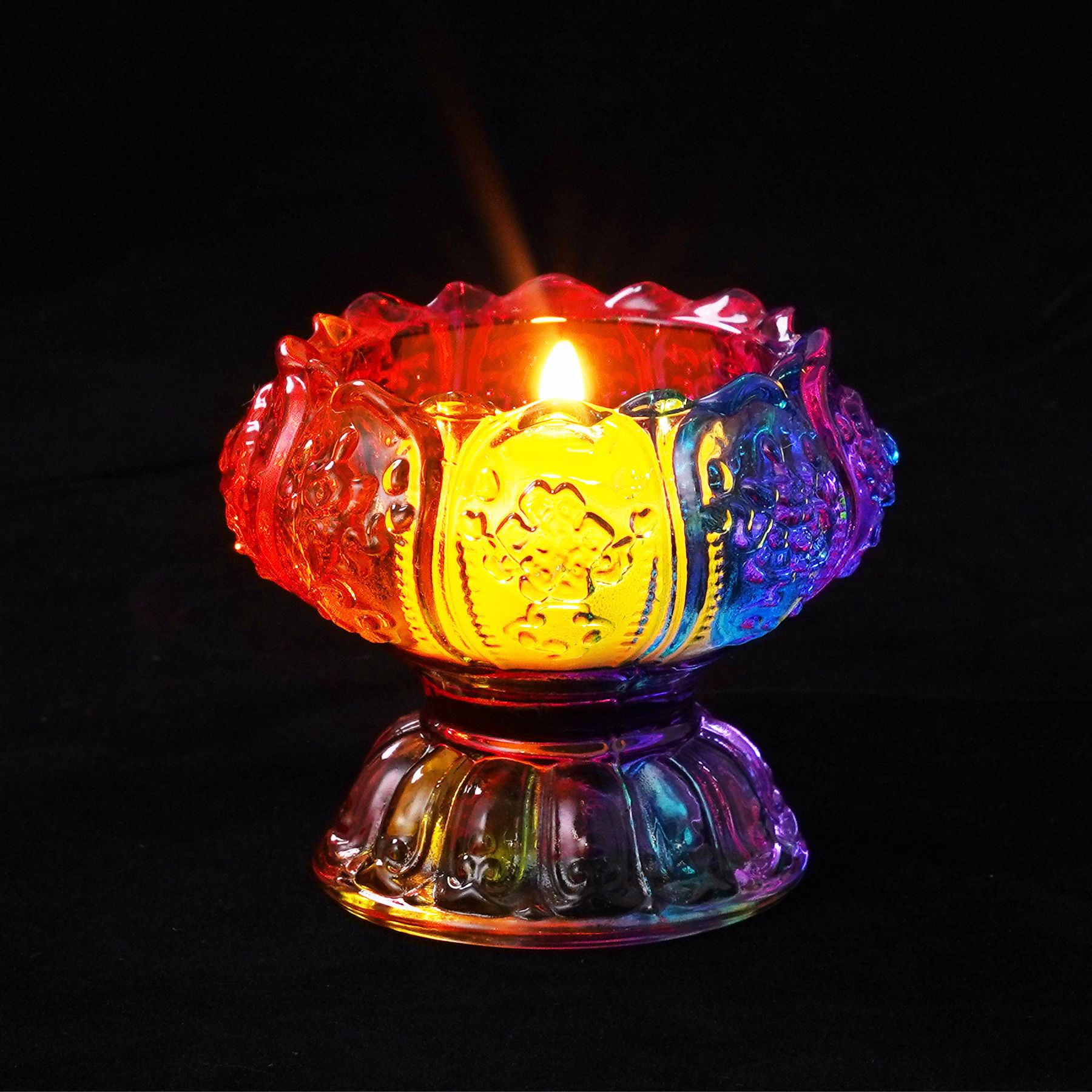 佛具七彩琉璃八吉祥酥油灯座 佛教用品供佛灯水晶烛台摆件批发