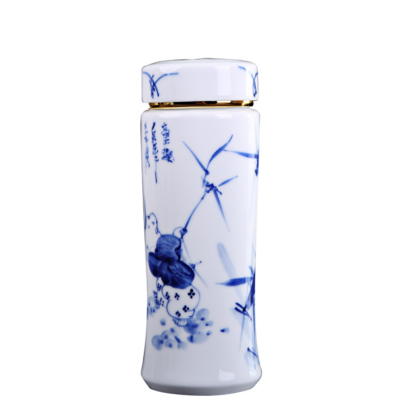 Jingdezhen Porcelain Hand Painted Vacuum Cup Tumbler Straight with Lid Vehicle-Borne Cup Ceramic Office Cup Logo Gift