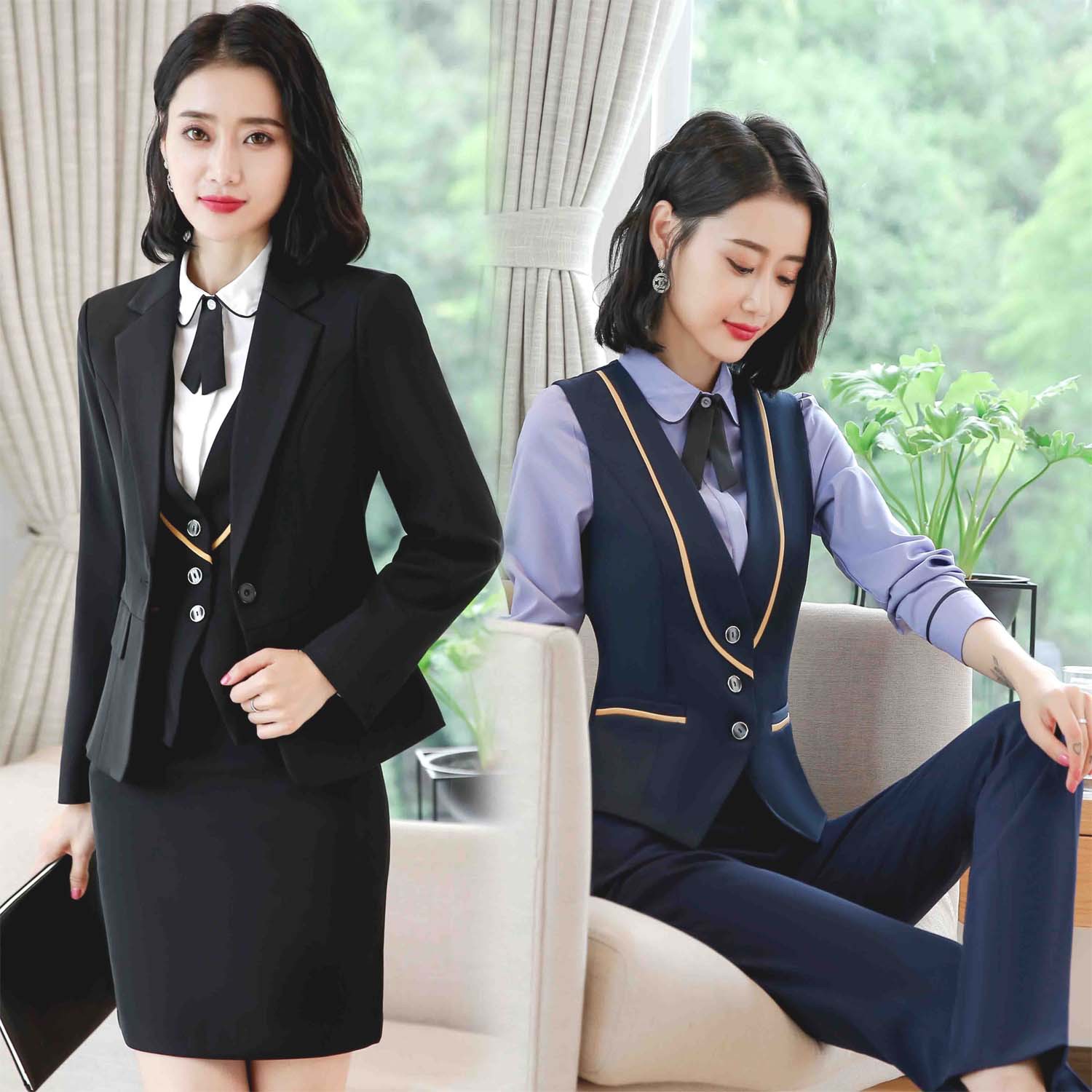职业装女装西装套装女秋冬女士正装金店工作服黑色西服珠宝店工装