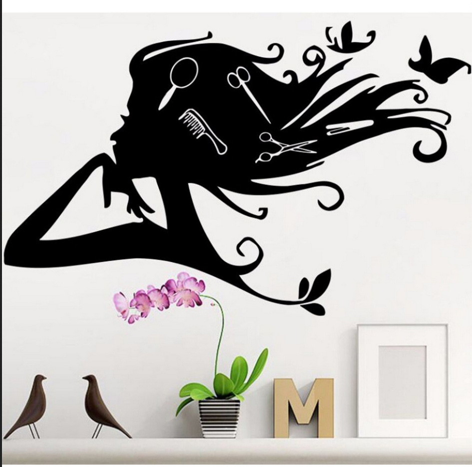 长发女人剪刀梳子理发工具图案 理发店橱窗自粘墙贴 可定制尺寸