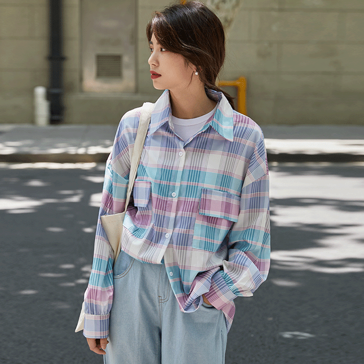 彩虹衬衫女2019秋装新款韩版少女糖果色宽松百搭口袋长袖衬衣外套