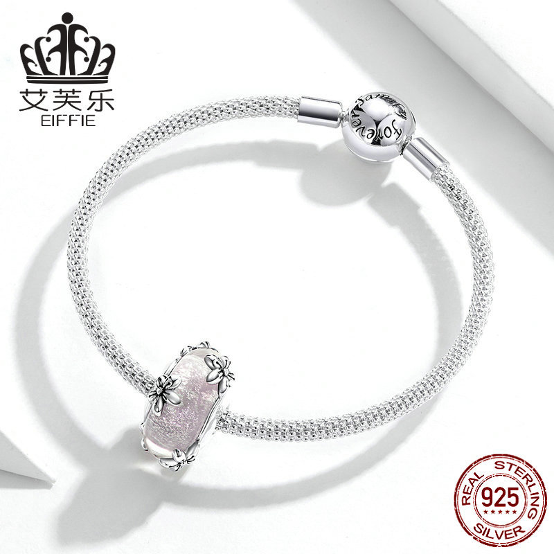 Bissal Original Glass Bead Sterling Silver Embedded S925 Flower DIY Bracelet Accessories Pink Bead Accessories Charm