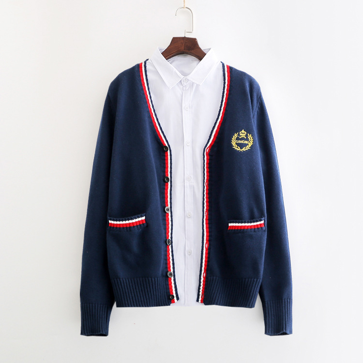 英伦学院风宽松针织衫校服 皇冠刺绣口袋毛衣外套 秋冬jk制服开衫