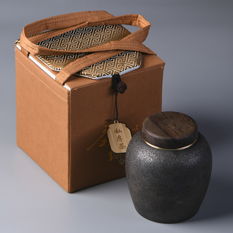 陶瓷窑变茶叶罐 创意黑檀木盖子 商务茶礼品定制存茶储物罐茶仓
