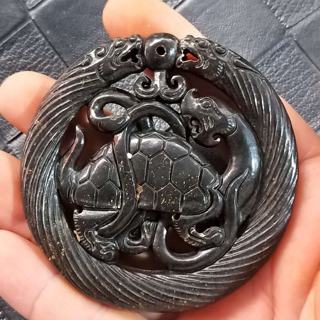 岫玉古玩收藏仿古玉器老物件四大神兽挂件把件吊坠高古玉镂空玉牌