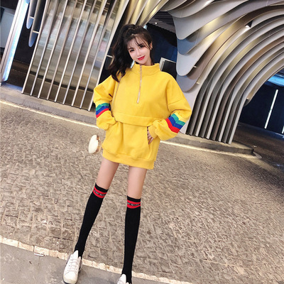 韩版减龄拉链立领加厚撞色长袖套头卫衣女 百搭高筒袜2019秋新款