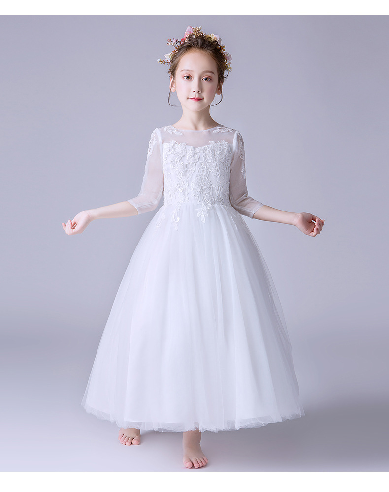 女童礼服裙秋冬白色钢琴演出服小主持人服装儿童蓬蓬裙花童公主裙