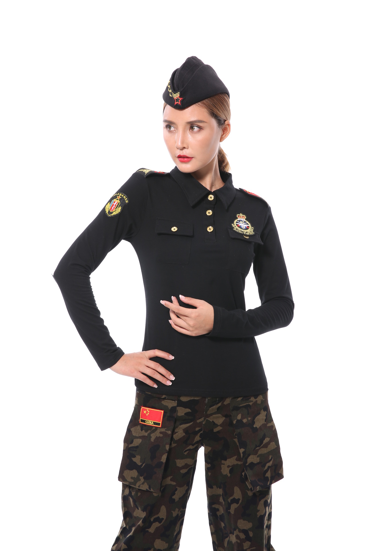 水兵舞服装女新款翻领简章纯棉红色长袖t恤 广场舞团队演出舞蹈服