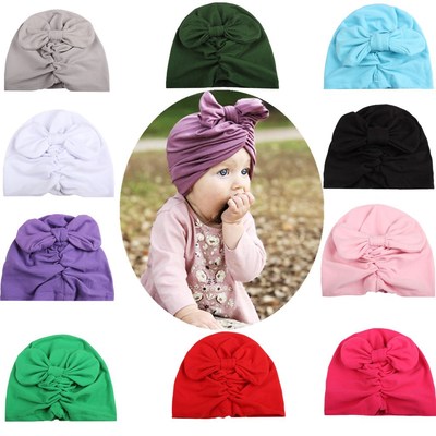 跨境专供速卖通新款婴儿单色印度帽儿童褶皱蝴蝶结套头帽子amazon