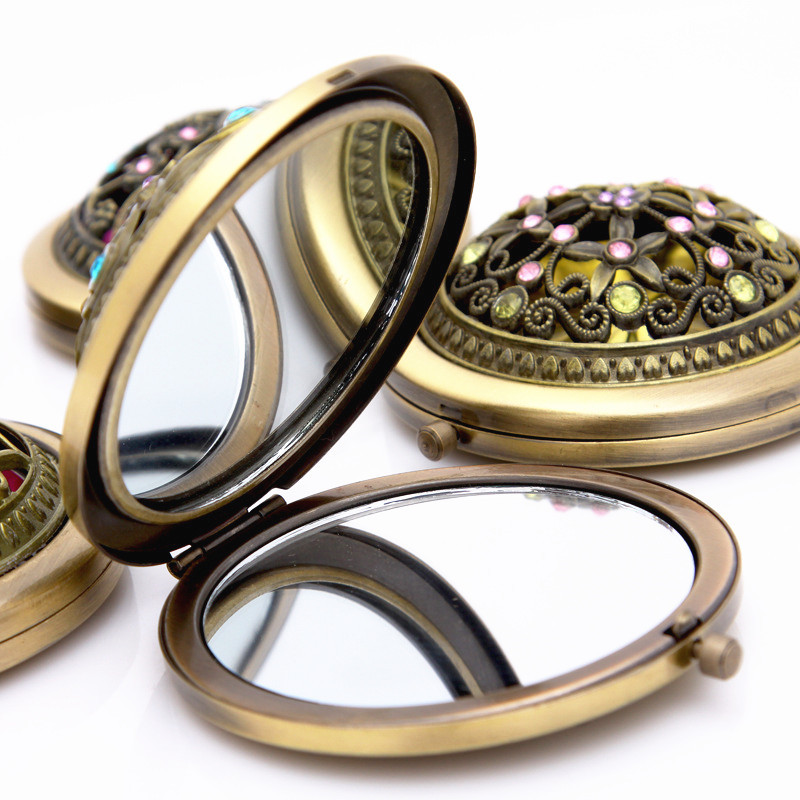 银色镂空化妆镜折叠随身美容金属礼品镜子 可定制logo 祝福语