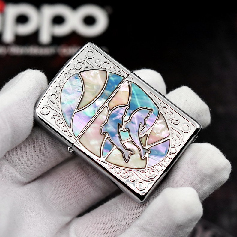 正品zippo 天然贝壳镶嵌 海豚恋人