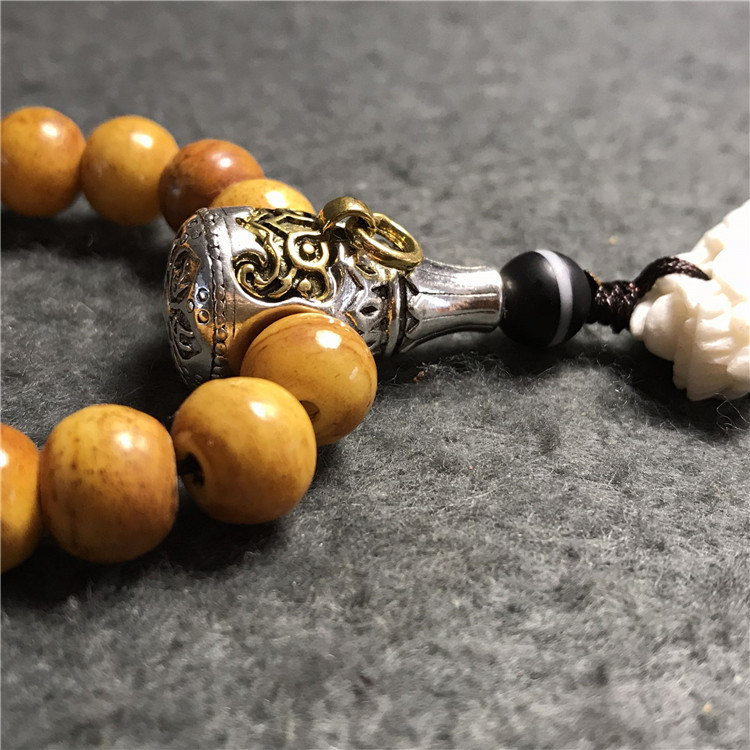 原创新品做旧老料豹骨佛珠108颗圆珠搭配鹿骨龙牙男士项链毛衣链