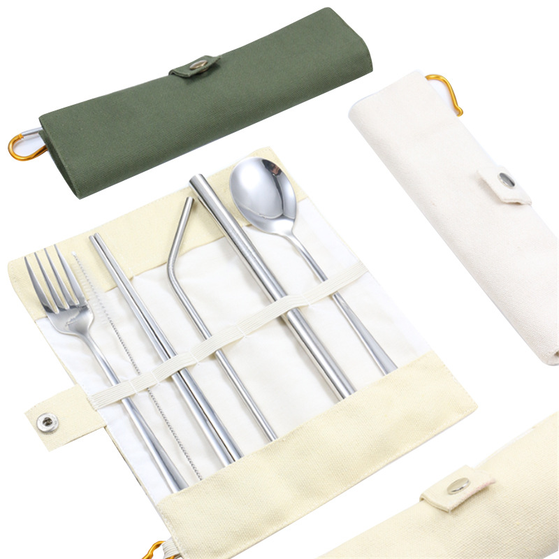 环保餐具布袋 分隔式刀叉收纳袋 便携式餐具包 带挂钩餐具帆布袋