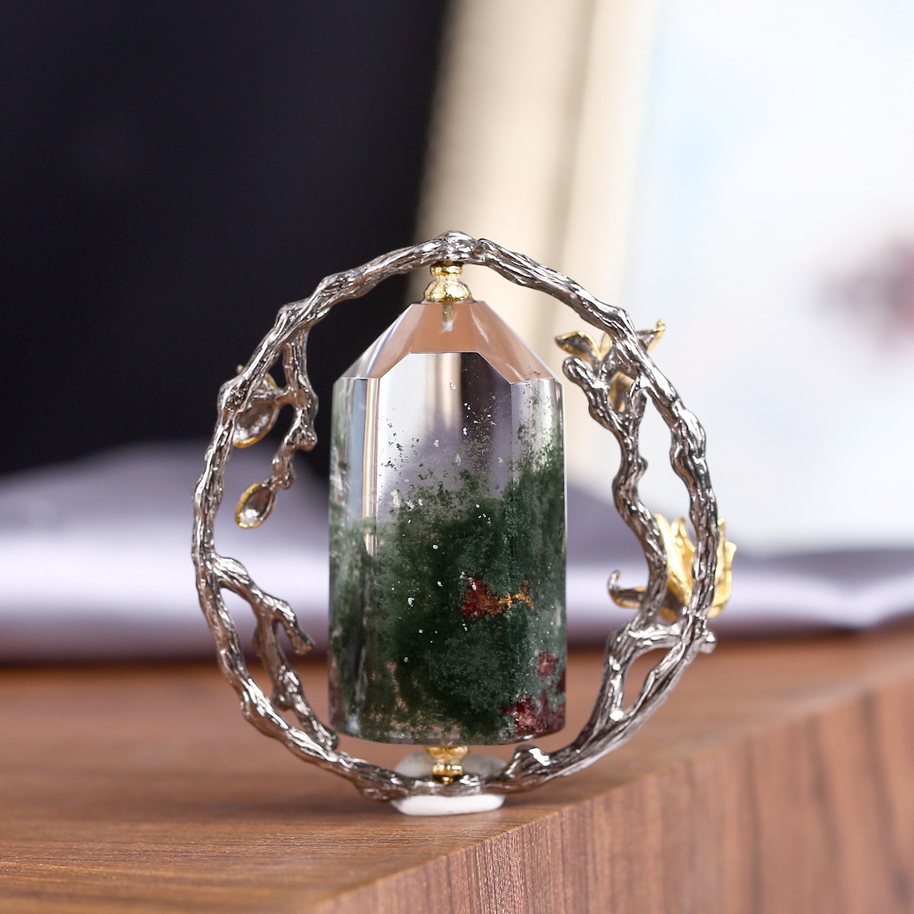 意大利工艺设计师款手工银永久保色纯天然水晶绿幽灵吊坠毛衣项坠