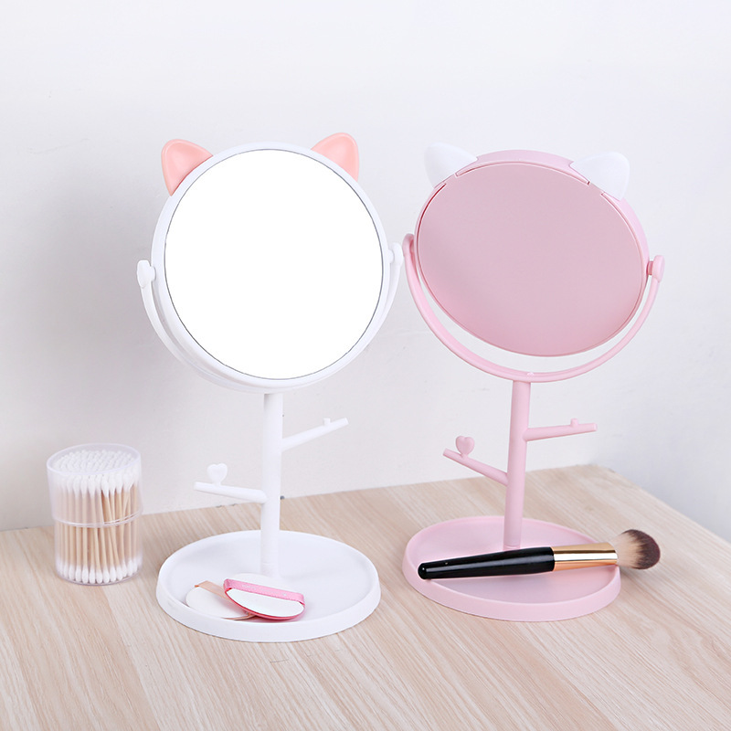 Creative Cartoon Cat Mi Ear Desktop HD Single-Sided Makeup Mirror Student Soft Girl Dormitory Desktop Storage Dressing Mirror