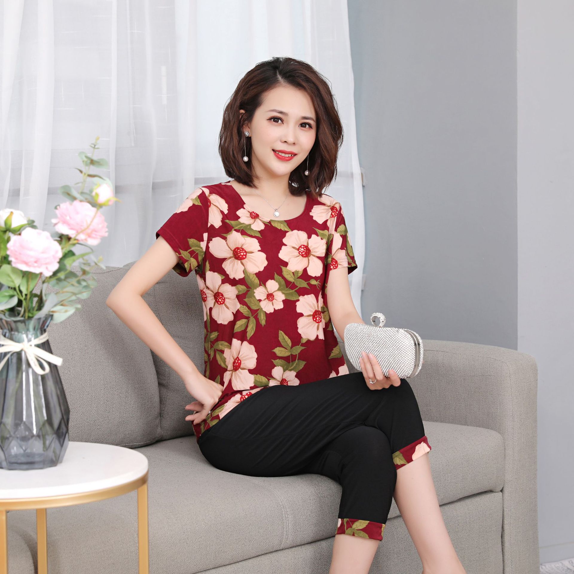中年女装套装夏装短袖t恤花色弹力大码中老年妈妈装冰丝两件套薄