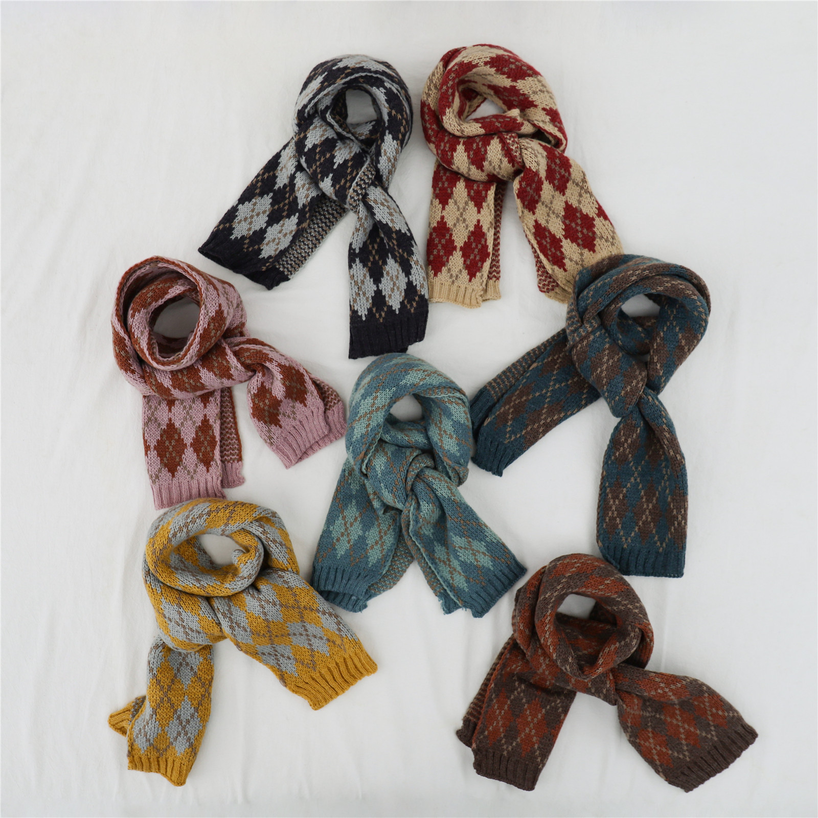 秋冬季厚款儿童围脖网格双色印花针织毛线面料保暖围巾时尚百搭