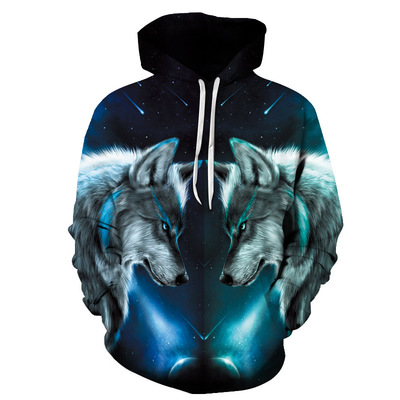 外贸新款个性潮流双面狼3d彩印带帽卫衣男女款