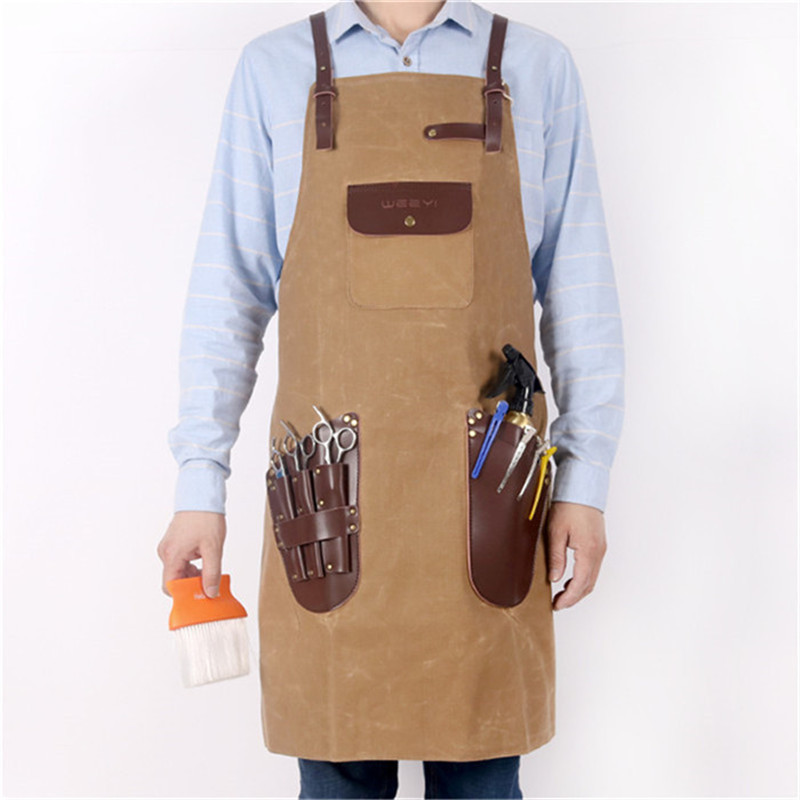 理发师围裙蜡染帆布围裙美发师皮革口袋男女皆宜的复古沙龙围裙