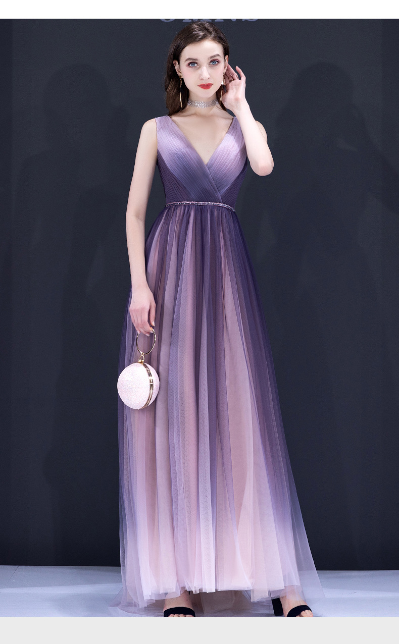 紫色星空晚礼服梦幻长裙宴会主持人气质优雅渐变色网纱连衣裙秋冬