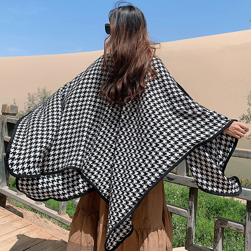 Women's Cashmere-like Split Scarf Large Cape Summer Office Black and White Houndstooth Shawl Sun Protection Keeping Warm Dual-Use