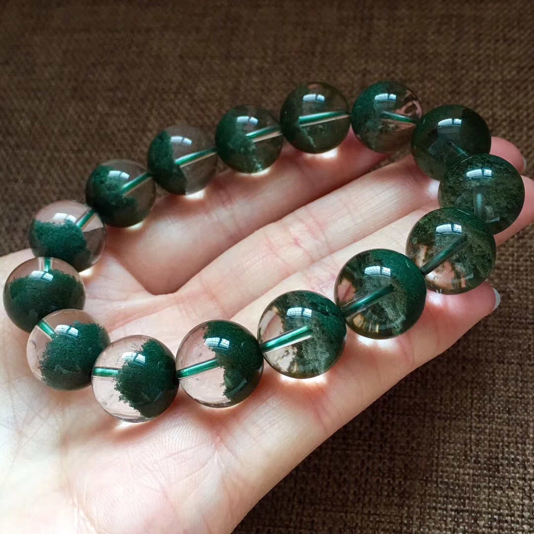 天然巴西绿幽灵原石聚宝盆千层山手链绿幽灵单圈手串男女款