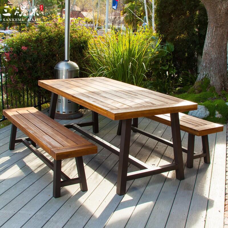 美式露天成套餐桌椅组合小吃店烧烤店铁艺实木长方桌户外桌椅定制