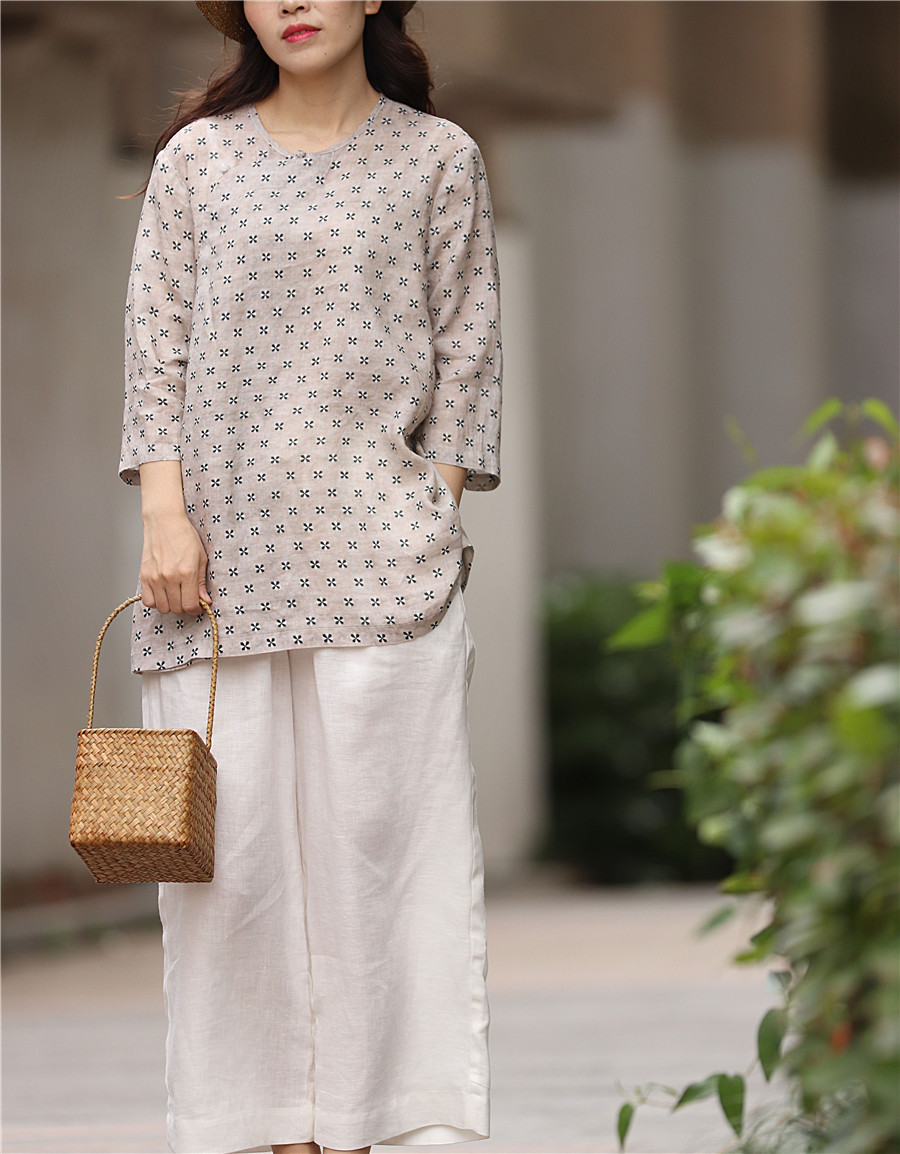 18夏装复古文艺棉麻苎麻相思印花衬衫上衣改良盘扣女装01805